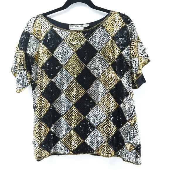 Vtg Scala Sequin Harlequin Silk Blouse Beaded Neck & Hem Short Sleeve Blouse PL - Picture 1 of 14